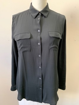 ANN TAYLOR LOFT, Black, Polyester, Solid, Chiffon, Long Sleeves, Button Front, Collar Attached, 2 Patch Pockets with Flaps