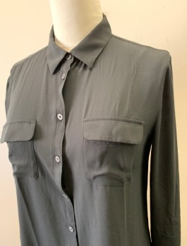 ANN TAYLOR LOFT, Black, Polyester, Solid, Chiffon, Long Sleeves, Button Front, Collar Attached, 2 Patch Pockets with Flaps
