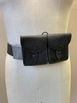 Unisex, Sci-Fi/Fantasy Belt, HUEWA, Olive Green, Cotton, Webb,  Large Silver Rectangle Buckle, Removable Brown Leather Double Pouch