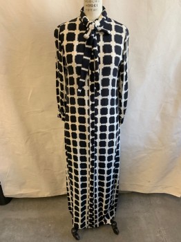 Womens, Dress, Long & 3/4 Sleeve, ZARA, Ivory White, Black, Viscose, Squares, M, C.A., Neck Tie Attached, Button Front, Kimono Sleeves, Maxi