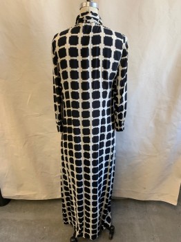 Womens, Dress, Long & 3/4 Sleeve, ZARA, Ivory White, Black, Viscose, Squares, M, C.A., Neck Tie Attached, Button Front, Kimono Sleeves, Maxi