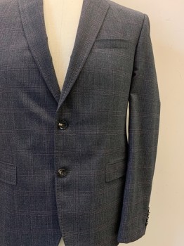 Mens, Suit, Jacket, Ted Baker, Black, Charcoal Gray, Red Burgundy, Wool, Plaid-  Windowpane, 42R, 2 Buttons, Single Breasted, Notched Lapel, 3 Pockets,