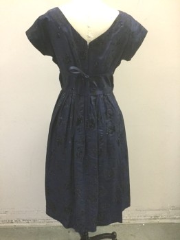 Womens, Cocktail Dress, N/L, Midnight Blue, Black, Silk, Floral, W:27, B:34, Midnight with Black Burnout Roses, Glitter Specks Throughout, Short Sleeves, Wide Scoop Neck, 1" Wide Horizontal Pleat Just Below Bust with Self Ties at Sides, Pleated Skirt, Hem Below Knee,