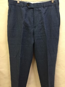 Mens, Suit, Pants, BROOKS BROTHERS, Slate Blue, Beige, Linen, Stripes - Pin, 32, 34w, Flat Front, Button Tab, 4 Pockets,