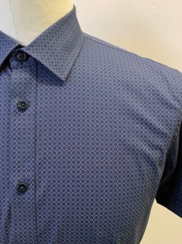 Mens, Casual Shirt, Saks 5th Ave., Navy Blue, Orange, Cotton, Pin Dot, Circles, L, S/S, Button Front, Collar Attached