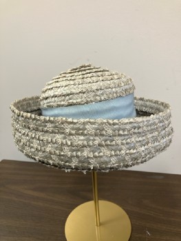 Womens, Hat, LOUISE , Silver, Backet Weave, Lt Blue Band
