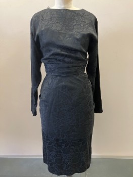 S.I.L.K.S., Black, Silk, Floral, Round Neck, L/S, Ruched Waist Band, 2 Neck Buttons, Open Back, Lower Back Zip, 2 Ruched Back Ties, Back Vent