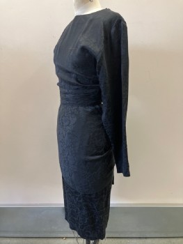 S.I.L.K.S., Black, Silk, Floral, Round Neck, L/S, Ruched Waist Band, 2 Neck Buttons, Open Back, Lower Back Zip, 2 Ruched Back Ties, Back Vent