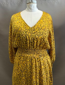 Womens, Dress, Long & 3/4 Sleeve, ANTHROPOLOGIE, Goldenrod Yellow, Mustard Yellow, Black, Lt Brown, White, Polyester, Viscose, Circles, Stripes - Horizontal , L, V-N, L/S, Pleated, Gathered Shirred Waist, Fit & Flare, Hem Below Knee
