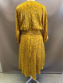 Womens, Dress, Long & 3/4 Sleeve, ANTHROPOLOGIE, Goldenrod Yellow, Mustard Yellow, Black, Lt Brown, White, Polyester, Viscose, Circles, Stripes - Horizontal , L, V-N, L/S, Pleated, Gathered Shirred Waist, Fit & Flare, Hem Below Knee