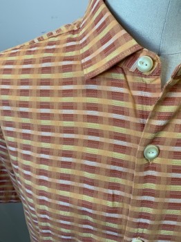 TOMMY BAHAMA, Orange, Dusty Red, Yellow, Silk, Cotton, Stripes - Horizontal , Stripes - Vertical , S/S, Button Front, 1 Pocket, C.A.,