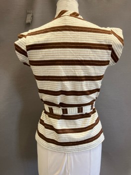 Womens, Top, N/L, B:38, Cream/brown & gold Lurex Horizontal Stripe Poly Knit, V-N, B.F., Cap Sleeves, Belt Loops, Side Slits, MATCHING BELT