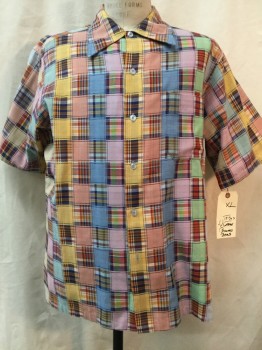 BROOKS BROTHERS, Multi-color, Cotton, Plaid, Multi Color Plaid, Button Front, Collar Attached, Short Sleeves, 1 Pocket,