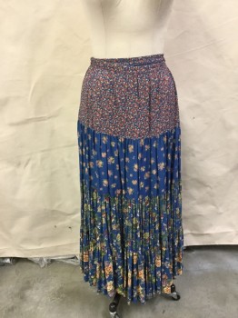 Womens, 1990s Vintage, Piece 2, KAREN KANE, French Blue, Raspberry Pink, White, Green, Cream, Rayon, Floral, Floral, 34, Skirt, Elastic Waistband, 4 Ruffle Tiers, Long
