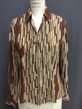 Womens, Blouse, CAVIAR, Tan Brown, Maroon Red, Black, Lt Brown, Polyester, Geometric, S, Petite, Chiffon, Diagonal Bar Print, Long Sleeves, Button Front, Collar Attached, Pearl Buttons,