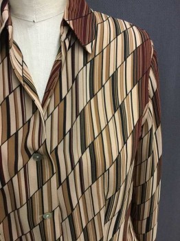 Womens, Blouse, CAVIAR, Tan Brown, Maroon Red, Black, Lt Brown, Polyester, Geometric, S, Petite, Chiffon, Diagonal Bar Print, Long Sleeves, Button Front, Collar Attached, Pearl Buttons,