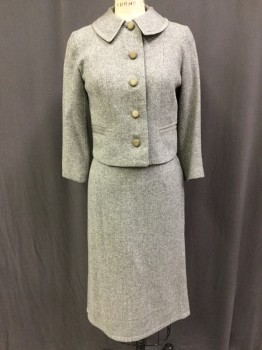 Womens, 1960s Vintage, Suit, Jacket, N/L, Gray, Lt Gray, Wool, Herringbone, 26W, 36B, 32H, Jackie O, Cropped, Round Collar, 5 Buttons, 2 Welt Pocket, Collar and Pockets Bound in Braided Trim
