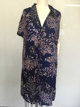 Womens, Dress, Short Sleeve, MONK & LOU, Navy Blue, Pink, Gray, French Blue, Polyester, Abstract , Floral, XS, Navy, V-neck, Pink/gray/ French Blue Abstract Floral Print, V-neck, Short Sleeve,  2 Pockets,