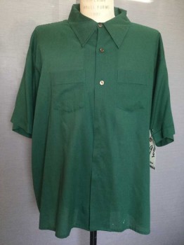 SOVEREIGN, Green, Cotton, Polyester, Solid, Green, Button Front, Collar Attached, Short Sleeve,  2 Pockets,