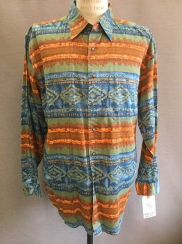 Territory Ahead, Multi-color, Blue, Orange, Olive Green, Cotton, Novelty Pattern, Long Sleeves, Collar Attached, Button Front