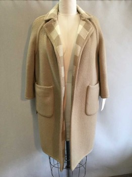 NO LABEL, Tan Brown, Cream, Wool, Solid, Check , 3/4 Sleeves, Braided Stitch Trim, 2 Patch Pockets, Reversible