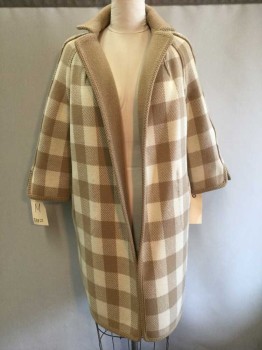 Womens, Coat, NO LABEL, Tan Brown, Cream, Wool, Solid, Check , B44, 3/4 Sleeves, Braided Stitch Trim, 2 Patch Pockets, Reversible