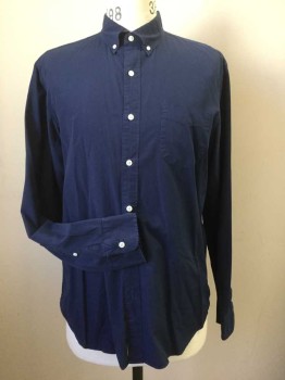 J CREW, Navy Blue, Cotton, Solid, Long Sleeves, 1 Pocket, Button Front, Button Down Collar
