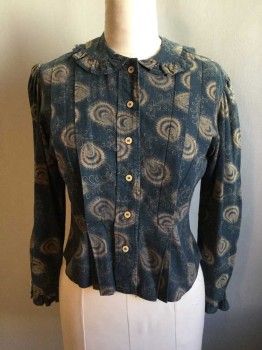 N/L MTO, Navy Blue, Tan Brown, Cotton, Feather Pattern, L/S, Button Front, Peter Pan Collar with Ruffled Edge, Ruffled Cuffs, Pleated Diagonal Panels From Shoulder To Waist, Made To Order
