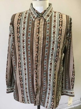 Mens, Casual Shirt, SCORPIO, Brown, Tan Brown, Off White, Black, Polyester, Geometric, L, Vertical Stripes of Flowers and Diamonds, Long Sleeves, Silver Buttons Hidden By Placket, Collar Attached, 1 Pocket,