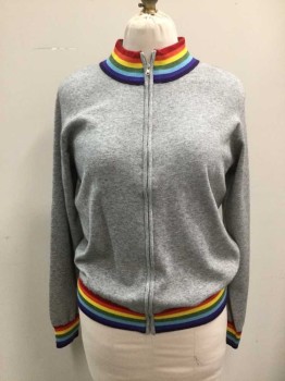 Womens, Sweater, MADELEIN THOMPSON , Gray, Multi-color, Viscose, Nylon, Solid, Stripes, M, Gray Zip Front, Rainbow Stripe Ribbed Knit Collar/Waistband/Cuff