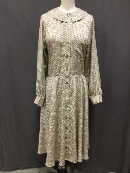Talbots, Beige, Black, Polyester, Geometric, Paisley/Swirls, Button Front, Collar Attached, Long Sleeves