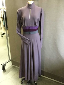 BILL HARGATE, Dusty Purple, Wool, Color Blocking, Horizontal Stripes At Waist In Purple/Wine/Gray, Stand Collar W/3 Cover Buttons Front, Key Hole Front, 6 Cover Buttons At Waist Back, Long Sleeves W/8 Cover Buttons At Cuffs, Zip Back, Almost Floor Length