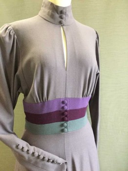 BILL HARGATE, Dusty Purple, Wool, Color Blocking, Horizontal Stripes At Waist In Purple/Wine/Gray, Stand Collar W/3 Cover Buttons Front, Key Hole Front, 6 Cover Buttons At Waist Back, Long Sleeves W/8 Cover Buttons At Cuffs, Zip Back, Almost Floor Length