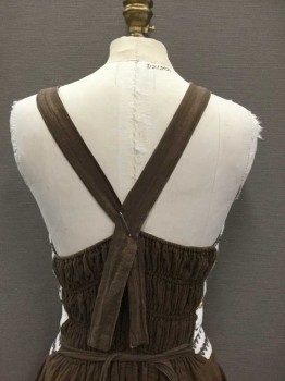 N/L, Brown, White, Beige, Olive Green, Cream, Cotton, Stripes, Floral, Halter, Cream + Brown Horizontal Stripe Crochet Bodice & Waist, White Waistband W/Earthtone Floral Embroidery, Drop Waist, Solid Brown Cotton Skirt & Back, Smocking At Center Back Waist, Crossed Straps In Back, *Straps Held To Dress With Safety Pin At Time Of Inventory