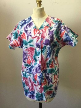 LANDAU, White, Blue, Red, Raspberry Pink, Purple, Poly/Cotton, Novelty Pattern, Bunnies and Carrots Print. Button Front, V.neck Short Sleeves, Nurse Jacket
