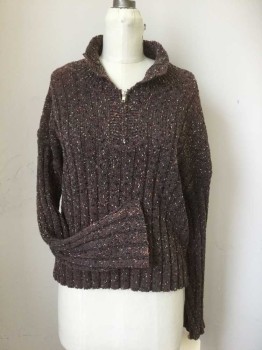 Womens, Sweater, N/L, Brown, Black, Multi-color, Cotton, Polyester, Tweed, 2 Color Weave, M, Pullover, 1/4 Zip Neck, Rib Knit Collar, Wide Rib Knit Throughout