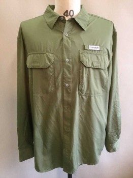 FIELD & STREAM, Olive Green, Polyester, Solid, Outdoors/Rugged Wear, Self Dashed Pattern Fabric, Long Sleeve Button Front, Collar Attached, 2 Flap Pockets with Velcro Closure
