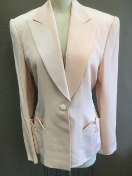 Womens, 1980s Vintage, Suit, Jacket, RICHARD TYLER, Lt Pink, Silk, Solid, B:35, 4, Single Breasted, Peaked Lapel, 1 Self Fabric Covered Button, Retro Zig Zagged Pockets with Self Covered Button Detail, Padded Shoulders,