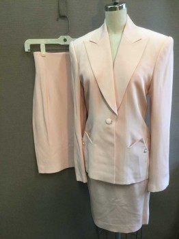 Womens, 1980s Vintage, Suit, Jacket, RICHARD TYLER, Lt Pink, Silk, Solid, B:35, 4, Single Breasted, Peaked Lapel, 1 Self Fabric Covered Button, Retro Zig Zagged Pockets with Self Covered Button Detail, Padded Shoulders,