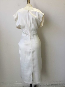 Womens, Cocktail Dress, QUEEN OF HEARTS, Cream, Synthetic, Solid, W26, B34, Cross Over V.neck Short Sleeves, Fitted Waist. Pleated Cross Over Strips at Hip Line Front Only. Zipper Center Back, Slit at Center Back Hemline