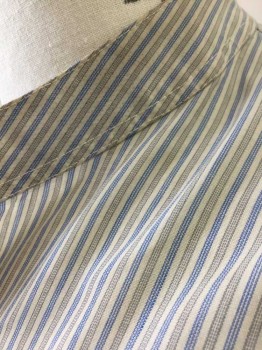 N/L, Ecru, Blue, Gray, Cotton, Stripes - Vertical , Stripes - Pin, Ecru with Gray Triple Pinstripes, Long Sleeve Button Front, Band Collar, Button Cuffs, Made To Order **Has Some Faint Stains on Front