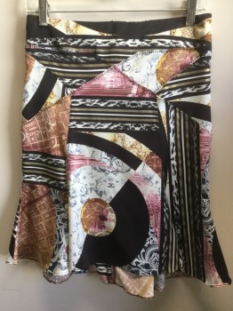 Womens, Skirt, Below Knee, JUST CAVALLI, Black, Gray, Mauve Pink, Maroon Red, Gold, Silk, Abstract , Stripes, 38, Black, Gold, White Stripes/ Black,gray,off White Leopard Print/ Maroon, Mauve, Cream, Gold Abstract Print, Patch/block Work, Flair Bottom, Zip Back,
