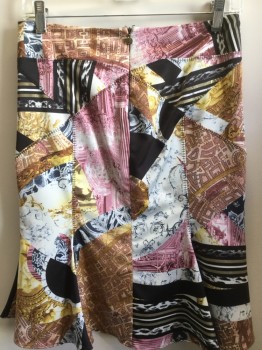 Womens, Skirt, Below Knee, JUST CAVALLI, Black, Gray, Mauve Pink, Maroon Red, Gold, Silk, Abstract , Stripes, 38, Black, Gold, White Stripes/ Black,gray,off White Leopard Print/ Maroon, Mauve, Cream, Gold Abstract Print, Patch/block Work, Flair Bottom, Zip Back,