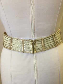 Unisex, Historical Fiction Belt, N/L, Cream, Gold, Leather, Cream Reptile Leather W/gold Thin Leather Egyptian Cut-out Detail, Cream/shimmer Gold Braid Trim, Hook & Eye Closure, See Photo Attached,