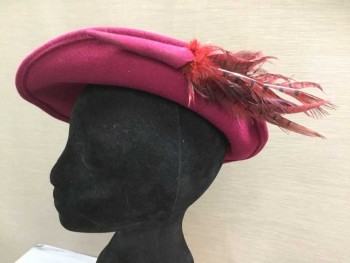 Womens, Hat, MR. JOHN, Magenta Purple, Wool, Solid, Wool Felt Hat with Wide Front Brim, Left Side Brim Turned Up, Self Hat Band, Red/Black Feather in Self Holder Attached to Upturned Side Brim, 1940's Repro
