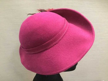 Womens, Hat, MR. JOHN, Magenta Purple, Wool, Solid, Wool Felt Hat with Wide Front Brim, Left Side Brim Turned Up, Self Hat Band, Red/Black Feather in Self Holder Attached to Upturned Side Brim, 1940's Repro