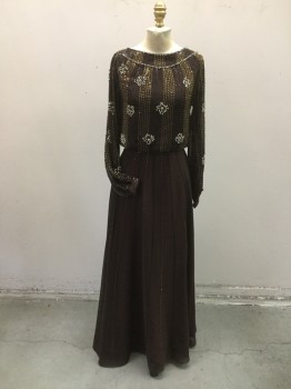 N/L, Brown, Black, Gold, Polyester, Beaded, Stripes, Floral, Brown Poly Chiffon with Black and Gold Stripe Patterned Beading with R.stone Floral Pattern at Bodice, Long Sleeves, Zip Closure Center Back, , Long Sleeves,
