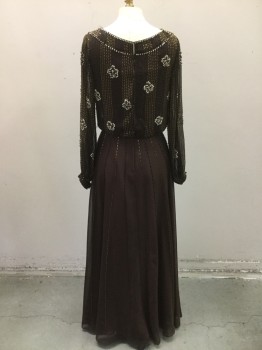N/L, Brown, Black, Gold, Polyester, Beaded, Stripes, Floral, Brown Poly Chiffon with Black and Gold Stripe Patterned Beading with R.stone Floral Pattern at Bodice, Long Sleeves, Zip Closure Center Back, , Long Sleeves,