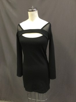 Womens, Dress, Long & 3/4 Sleeve, HUILIAYA, Black, Synthetic, Grid , S, Club. Textured Grid Knit Dress with Sheer Shoulders, Long Sleeves,