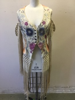 Womens, Vest, FOX 701, Beige, Blue, Purple, Pink, Orange, Polyester, Cotton, Floral, B:34, MTO, Boho Vibe, V-neck, Embroidered Floral, Hook and Eye Closure with 5 Buttons, Beige Crochet Sleeves with Long Fringe, Open Shoulders, Beige Crochet Bottom Half with Long Fringe